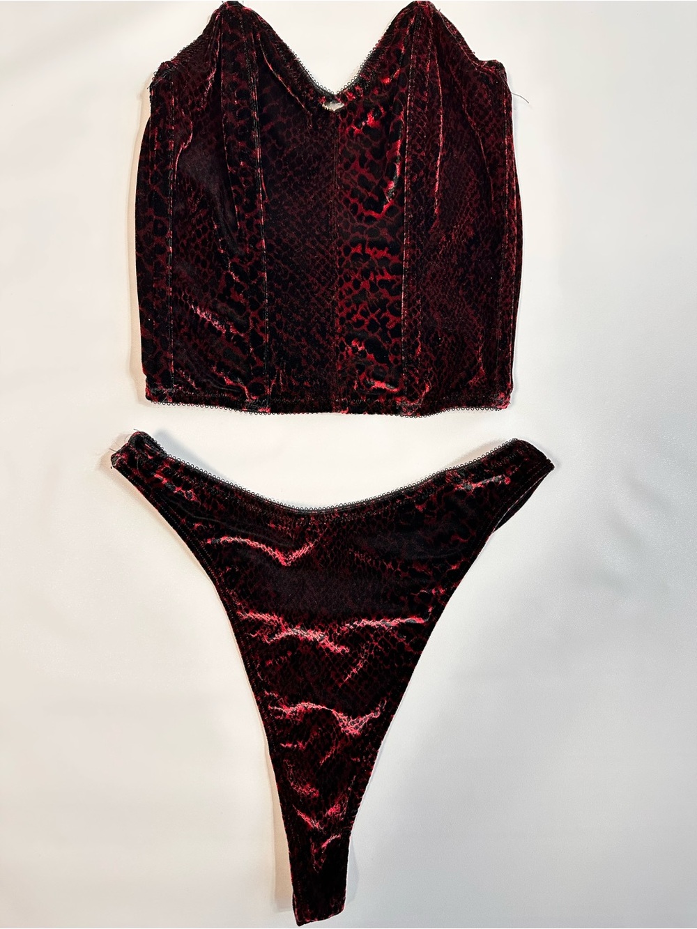 Vintage Lovable Red Velvet Animal Print Corset Top & Thong Set